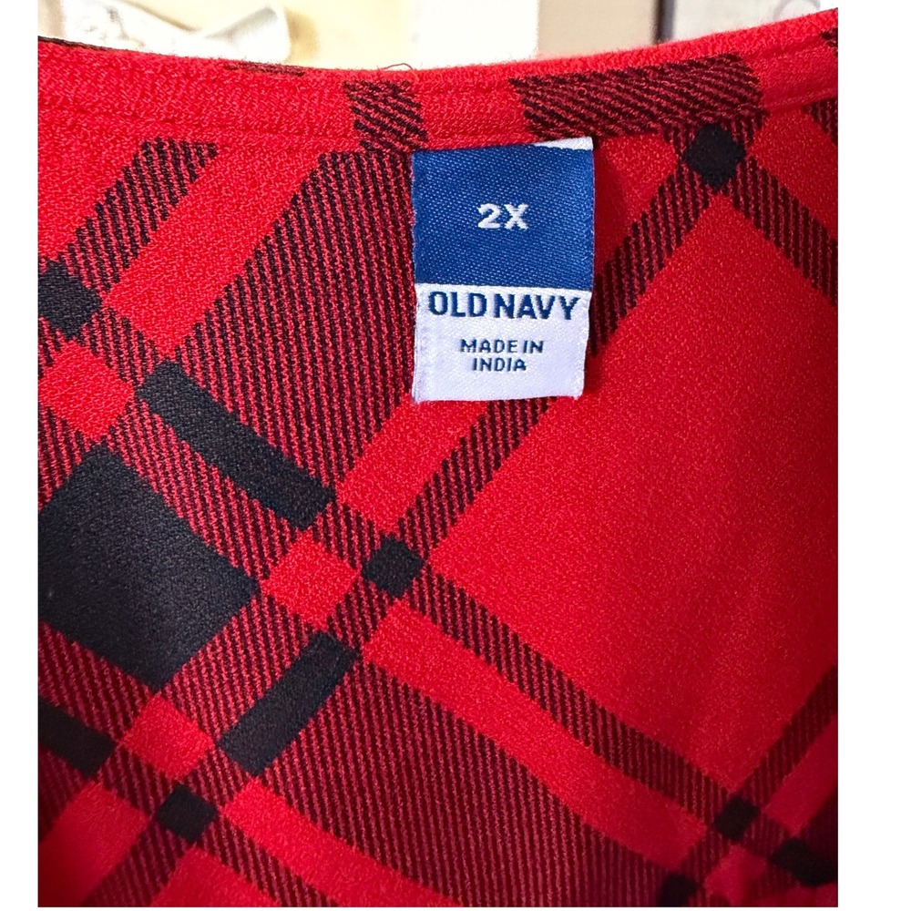 Old Navy Plaid Blouse Womens 2X Red Black Statement Collar Ribbon Tie Tartan - Picture 4 of 8